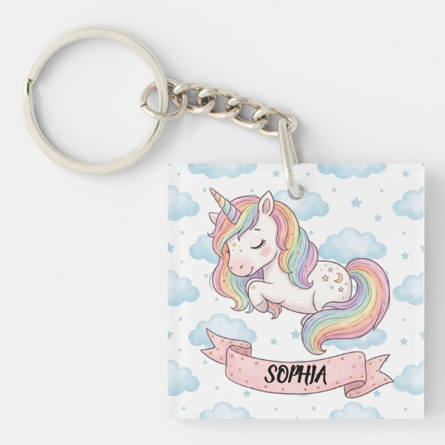 Llavero Cute Pastel Rainbow Unicorn Clouds Personalized (Frente)