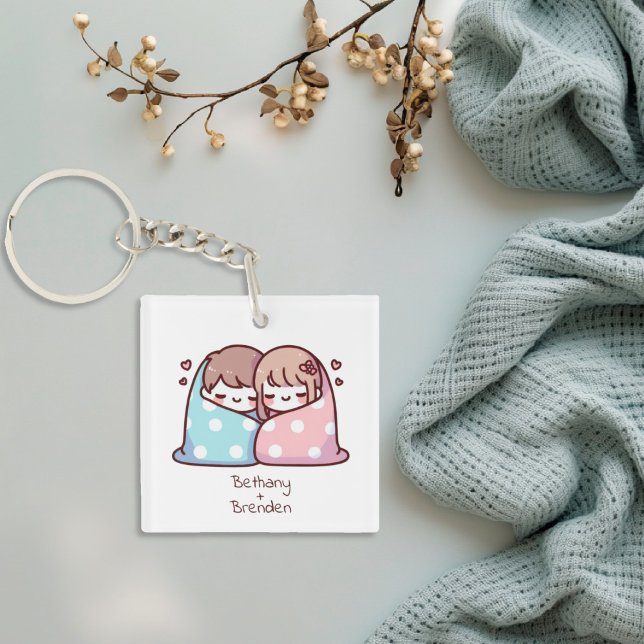 Llavero Cute Personalizada Chibi Estilo Pareja de Amortigu (Cute Personalized Chibi-Style Snuggle Couple Keychain)