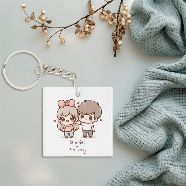 Llavero Cute Personalizado Chibi Estilo Pareja De Flirting (Cute Personalized Chibi-Style Flirting Couple Keychain
)