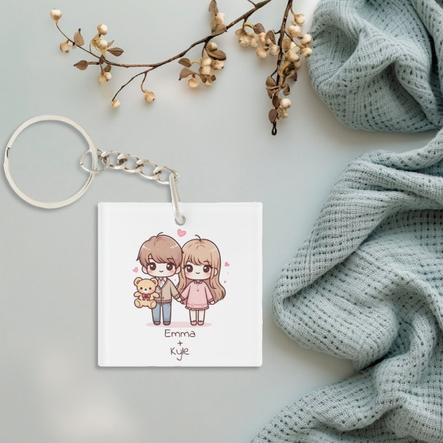 Llavero Cute Personalizado Chibi Estilo Teddy Bear Pareja (Cute Personalized Chibi-Style Teddy Bear Couple Keychain)
