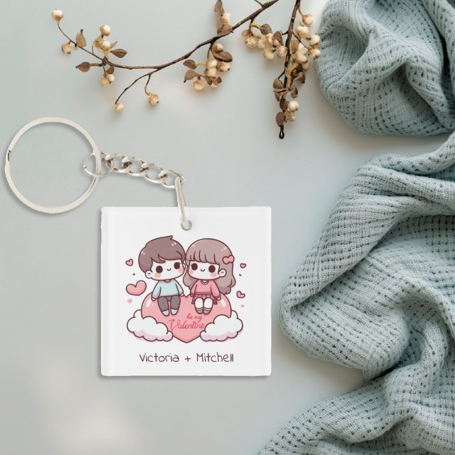 Llavero Cute Personalizado Chibi Style Be Mine Pareja (Cute Personalized Chibi-Style Be Mine Couple Keychain)