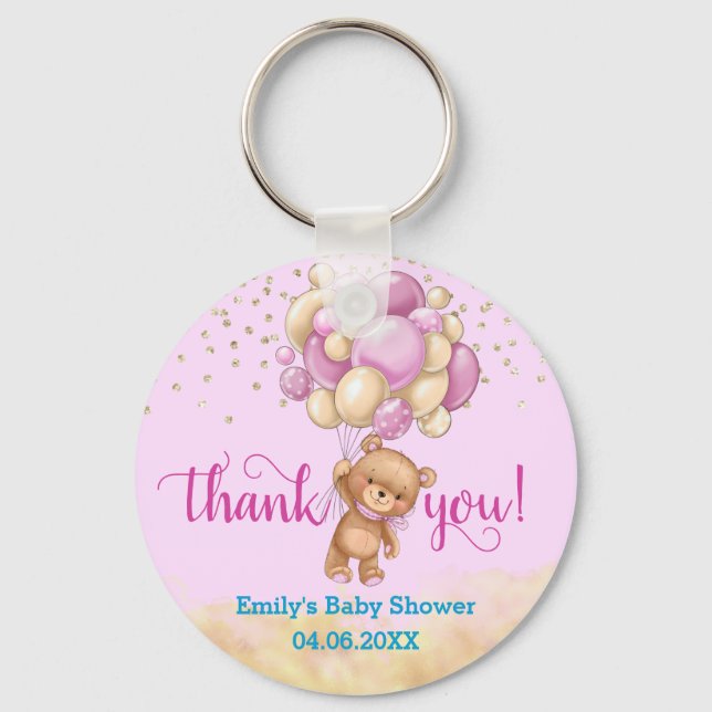 Llavero Cute Pink Teddy Bear Balloon Gracias Baby Shower (Anverso)