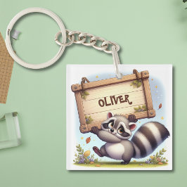 Llavero Cute Raccoon con Rótulo de nombre de Personalizabl