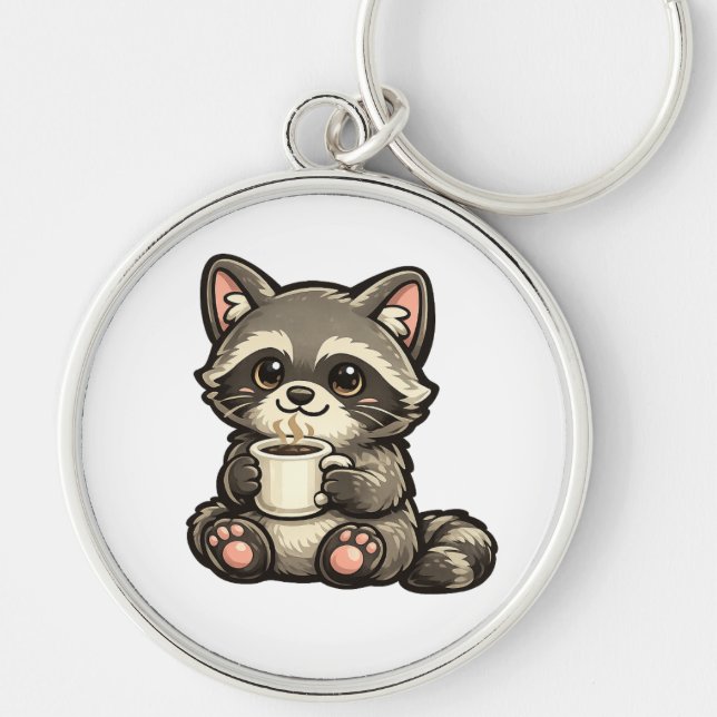 Llavero Cute Raccoon with Coffee – Cozy Kawaii Animal (Frente)