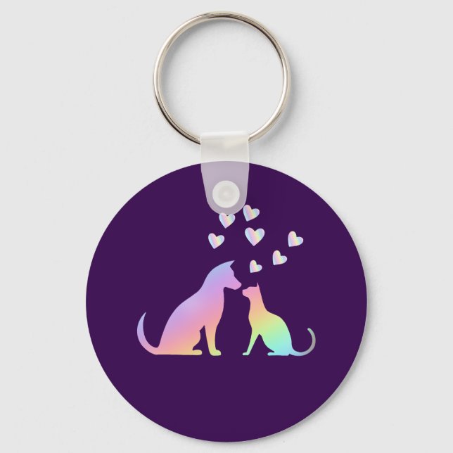 Llavero Cute Rainbow Cat and Dog Silhouette Love Purple To (Anverso)