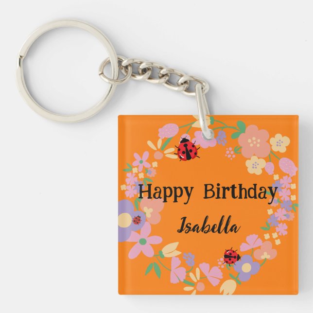 Llavero Cute red Polka dot Ladybug Spring Flower Birthday (Frente)