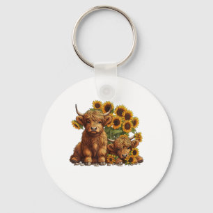 Llavero Cute Scotland Highland Cow Sunflower Día de la Mad