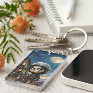 Llavero Cute Skull Biker Paseo bajo la luz de la luna po