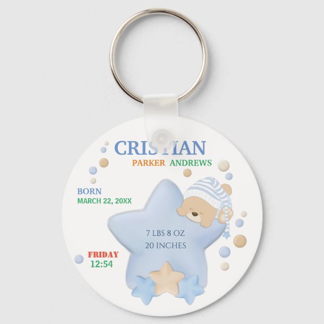 Llavero Cute Sleeping Teddy Bear Baby Boy Natal Stats (Anverso)