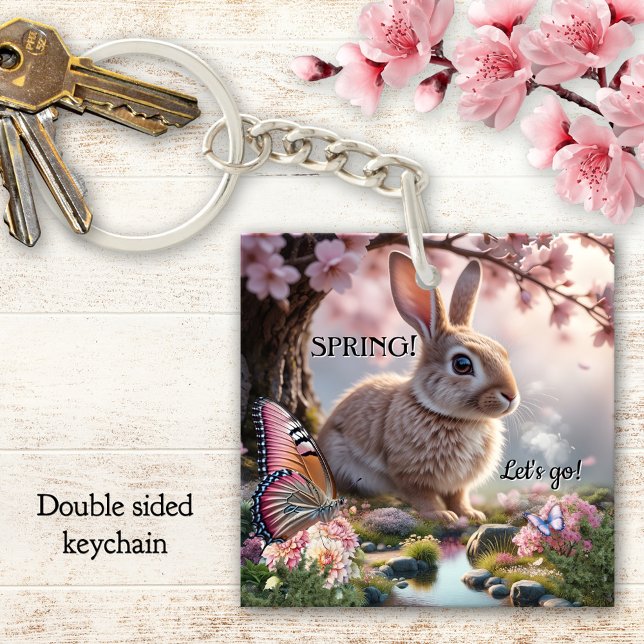 Llavero Cute Spring Bunny Butterfly Nature (Butterfly and bunny spring keychain celebrating nature with cherry blossoms)