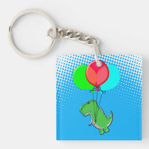 Llavero Cute T-Rex Volando Con Globos En Cielo Azul