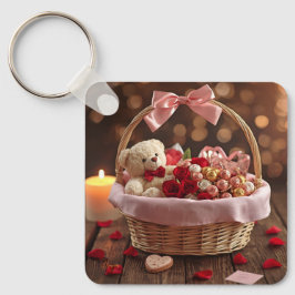 Llavero Cute Teddy Rose Basket Romantic Valentine Heart