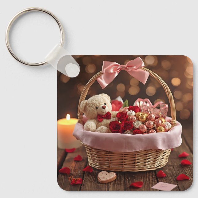 Llavero Cute Teddy Rose Basket Romantic Valentine Heart (Anverso)