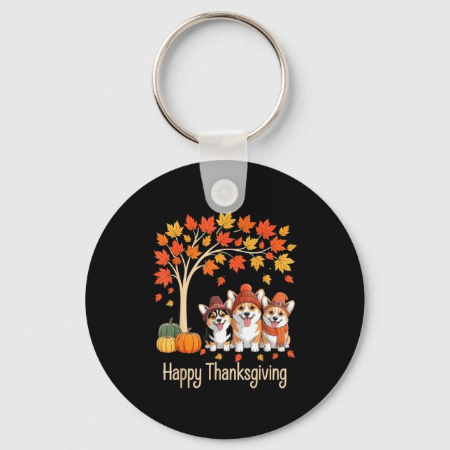Llavero Cute Three Corgi Dogs Pumpkins Fall Tree Happy Tha (Anverso)