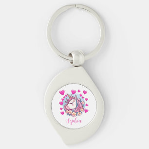 Llavero Cute Unicorn, Corazones y Flores Rosas, Nombre Per