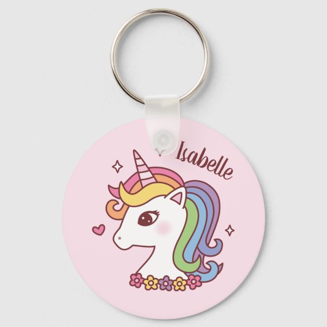 Llavero Cute Unicornio con Melena de Arcoíris Doodle Nombr (Anverso)