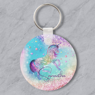 Llavero Cute unicornio rosa Glitter arcoíris aqua monogram