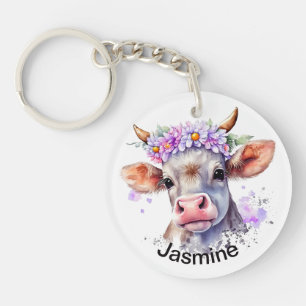 Llavero Cute vaca con tu nombre llave de granja de acuarel