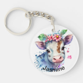 Llavero Cute vaca con tu nombre llave de granja de acuarel