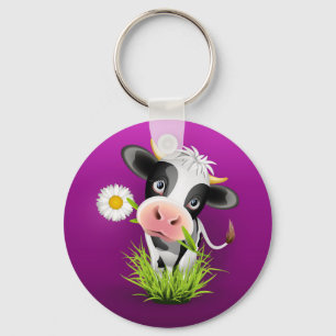 Llavero Cute vaca Holstein en el pasto sobre morado