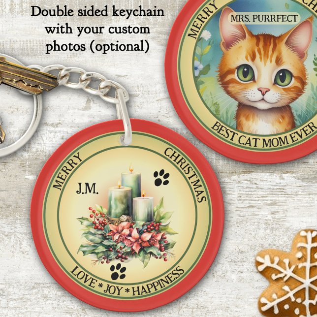 Llavero Cute Velas gatos Navidades de doble cara (Keychain featuring a fun watercolor Christmas candle with paw prints and a cute cat illustration)