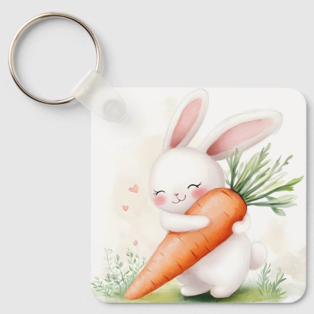 Llavero Cute Watercolor Spring Bunny Carrot (Anverso)