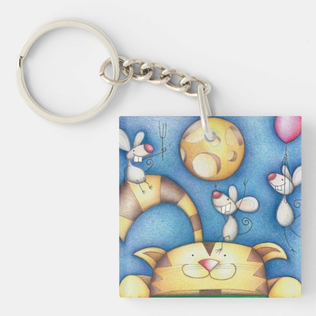 Llavero Cute Whimsical Cat and Mouse Moon Art (Frente)