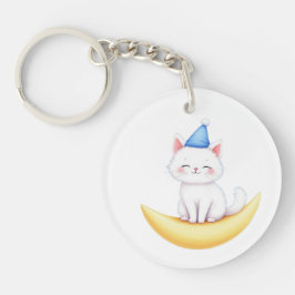 Llavero Cute White Kitten on Moon Acrylic Keychain