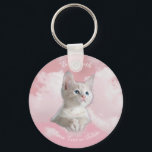 Llavero Cute White Kitten Pink Sky Clouds Name, Extra Text<br><div class="desc">Cute White Kitten on Pink Sky and Clouds with DIY Name in white script and Extra text. Personalize your name,  initials or message in white text and,  if you like,  add your photos or art instead. Makes a great gift for her.</div>