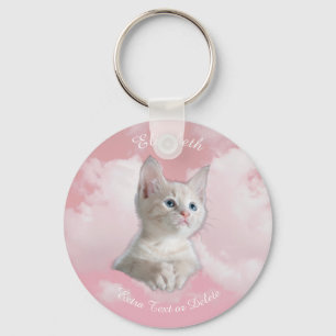 Llavero Cute White Kitten Pink Sky Clouds Name, Extra Text
