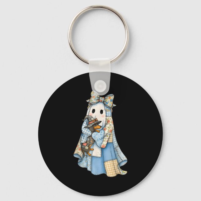 Llavero Dachshund divertido fantasma mezclilla azul Hallow (Anverso)