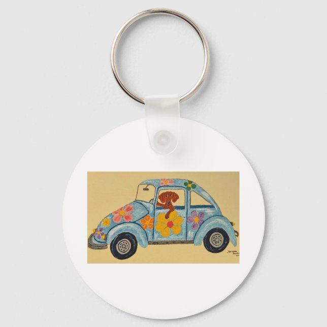 Llavero Dachshund en coche hippie (Anverso)