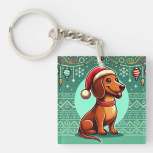 Llavero Dachshund Festivo con Sombrero de Santa