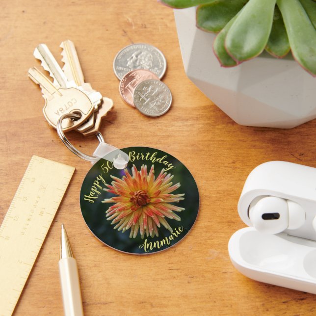 Llavero Dahlia, amarilla y Naranja Feliz cumpleaños número (Escritorio )