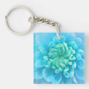 Llavero Dahlia azul turquesa flor en acuarela