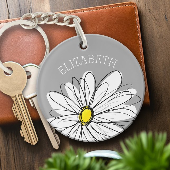 Llavero Daisy de moda con gris y amarillo (Personalized Keychain - Keyring with whimsical daisy)