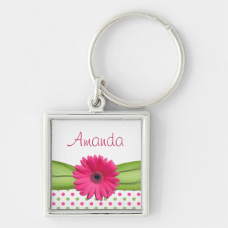 Llavero Daisy Rosa Verde Polka Dot Nombre personalizado Ke