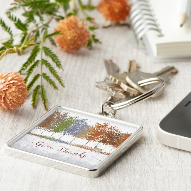 Llavero Dales gracias árboles de Acción de Gracias y cierv (Lado)