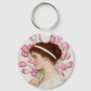 Llavero Dama con vestido clásico con tulipanes rosados