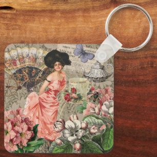 Llavero Dama de Café Mujer Victoriana Rosa Vestido Rico
