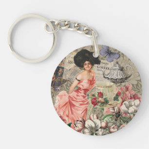 Llavero Dama de café mujer victoriana rosa vestido rico