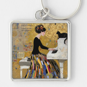 Llavero Dama de Klimt con piano y gato negro en oro