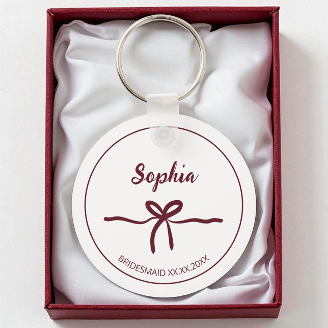 Llavero Damas de Honor Burgundy Arco Escritura Moderno Nom (Burgundy Bow Bridesmaid Script Modern Name Date Keychain)