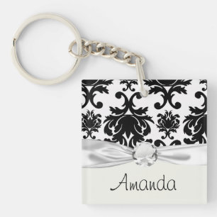 Llavero damasco blanco negro ornamental