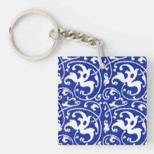 Llavero Damasco floral de Ikat - Azul cobalto y blanco