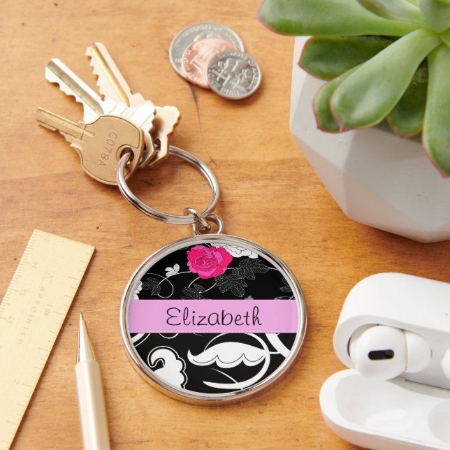 Llavero Damasco francés, flores, negro y blanco, tu nombre (Escritorio )