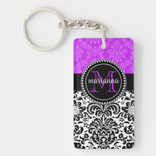Llavero Damasco negro púrpura elegante personalizado