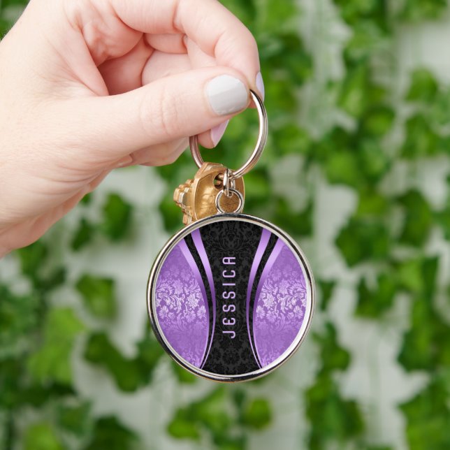 Llavero Damascos Florales De Tonos Negros Y Morados (Mano)