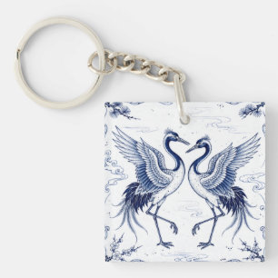 Llavero Danza de grullas Estilo Imari japonés azul y blanc