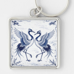 Llavero Danza de grullas Estilo Imari japonés azul y blanc